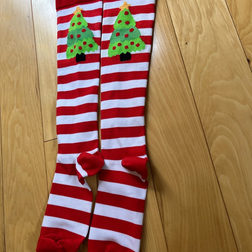 Compression Socks in Festive Red and White Striped Christmas Tree Socks